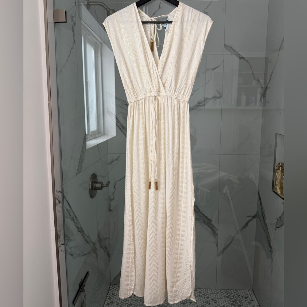 Blue Island Ivory & Gold Maxi Dress with Tassel Ties